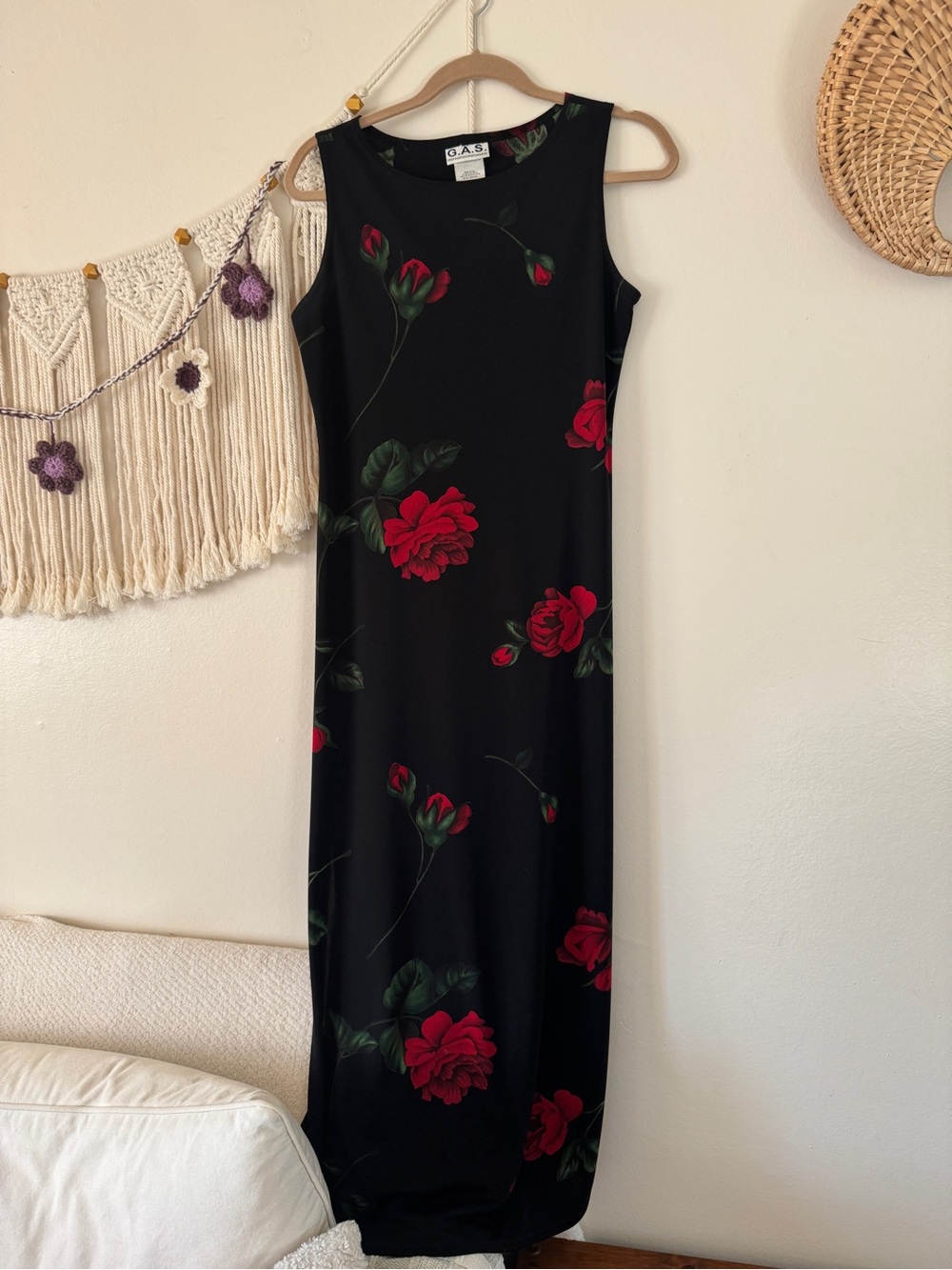 Sleeveless Black Maxi Dress with Red Rose Print by GAS